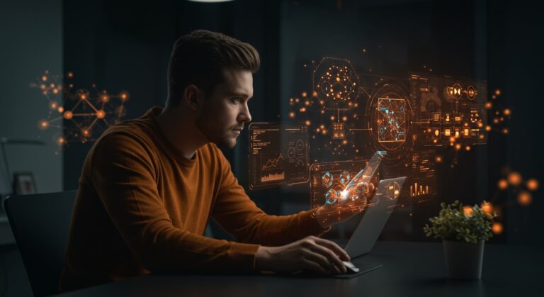 Founder de startup tecnológica analizando arquitecturas de microservicios y monolitos modulares para escalabilidad en software.