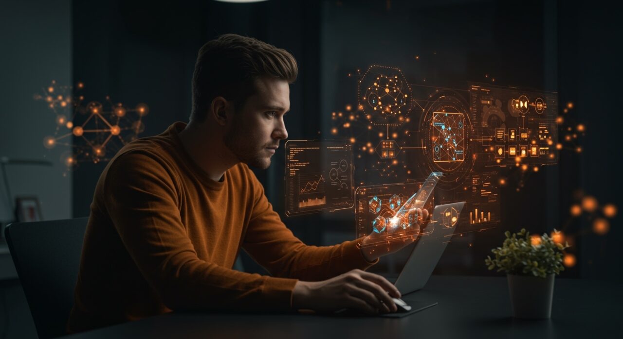 Founder de startup tecnológica analizando arquitecturas de microservicios y monolitos modulares para escalabilidad en software.