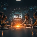 Reunión colaborativa entre NestAI y Nokia ilustrando impulso de IA y financiación deeptech en startups europeas.