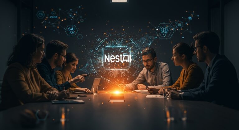 Reunión colaborativa entre NestAI y Nokia ilustrando impulso de IA y financiación deeptech en startups europeas.