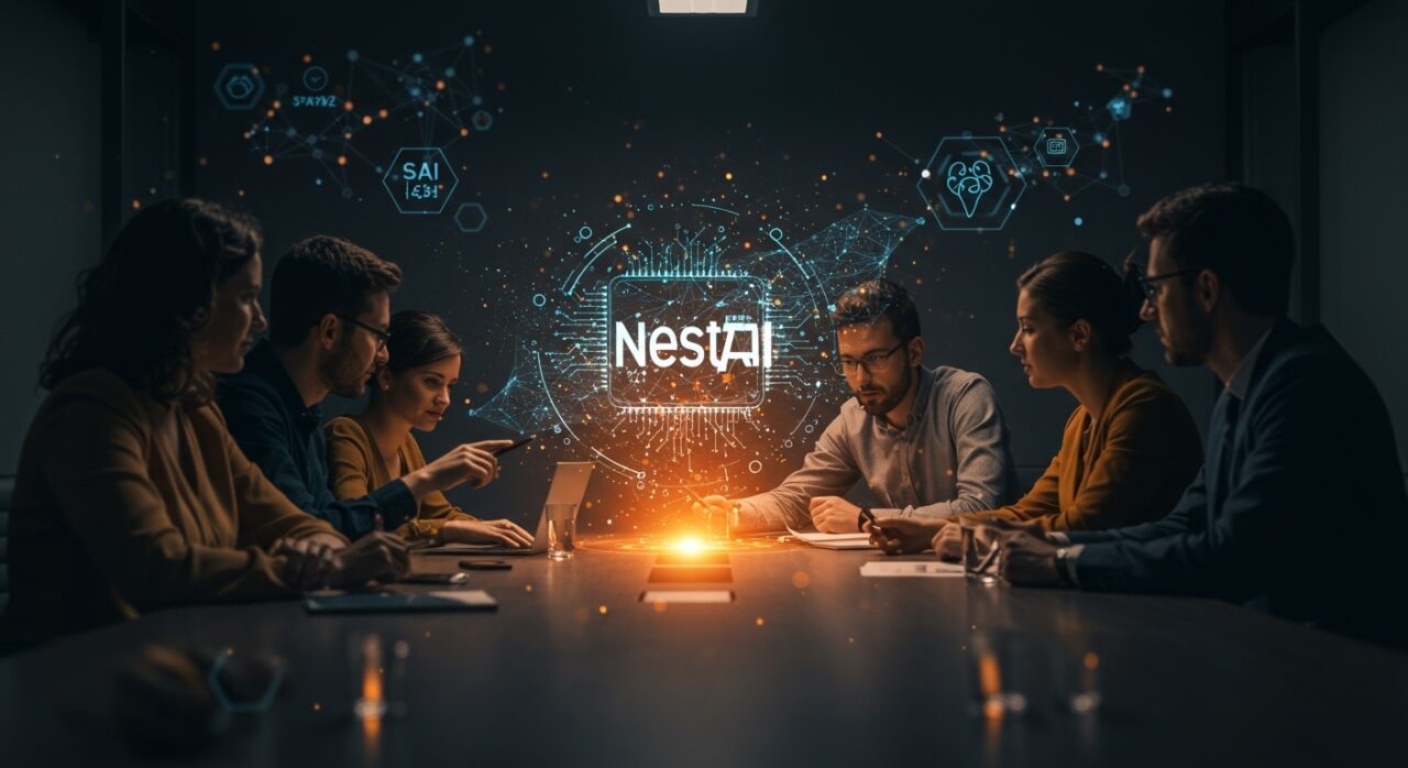 Reunión colaborativa entre NestAI y Nokia ilustrando impulso de IA y financiación deeptech en startups europeas.