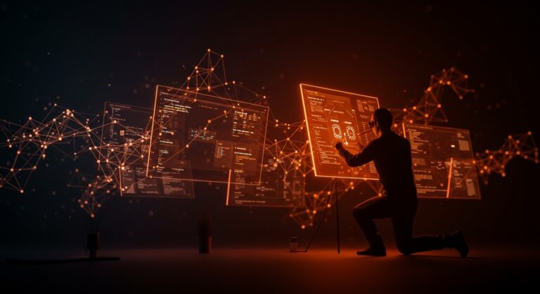 Imagen de un ingeniero de software utilizando pantallas flotantes representando la infraestructura de builds automatizados con .NET Unified Build y AI en startups tecnológicas.