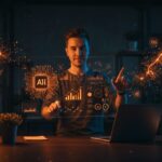 Founder utilizando herramientas de inteligencia artificial no-code para automatización y escalabilidad en startups tecnológicas.