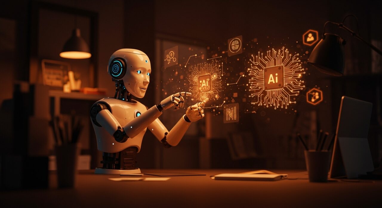 Modelo pequeño de inteligencia artificial realizando razonamiento complejo en entorno tecnológico innovador con elementos de machine learning y automatización.