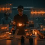 Equipo de exempleados de Meta desarrollando tecnología wearable innovadora para productividad y música en una startup tecnológica.