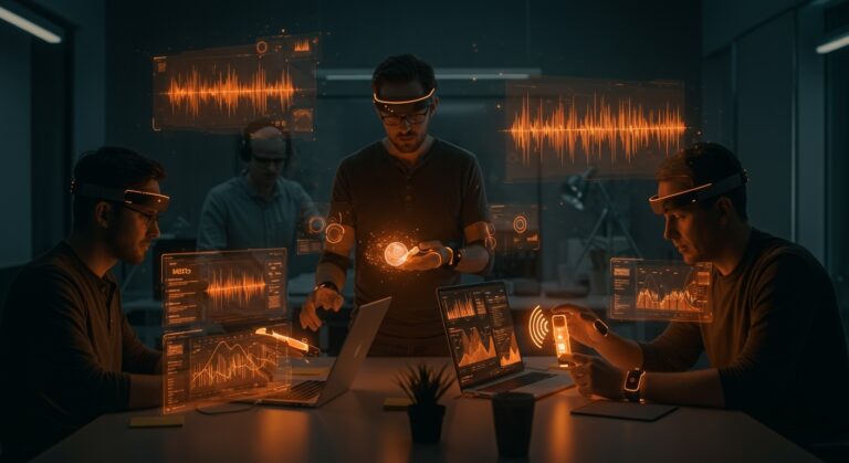 Equipo de exempleados de Meta desarrollando tecnología wearable innovadora para productividad y música en una startup tecnológica.