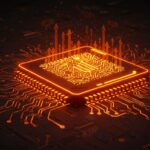Chip analógico futurista resaltado en paleta naranja y negro representando aceleración revolucionaria en hardware IA y comparación con GPUs Nvidia.