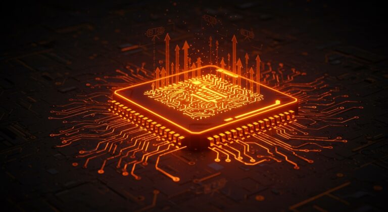 Chip analógico futurista resaltado en paleta naranja y negro representando aceleración revolucionaria en hardware IA y comparación con GPUs Nvidia.