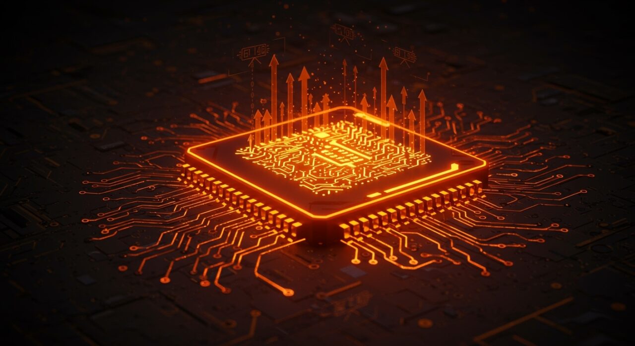 Chip analógico futurista resaltado en paleta naranja y negro representando aceleración revolucionaria en hardware IA y comparación con GPUs Nvidia.