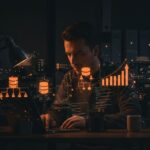 Fundador de startup trabajando con bases de datos Postgres económicas y escalables para SaaS, en un ambiente tecnológico moderno y enfocado.