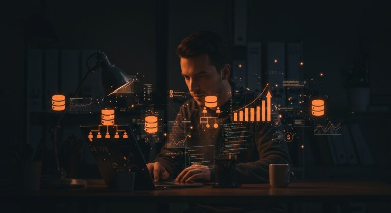 Fundador de startup trabajando con bases de datos Postgres económicas y escalables para SaaS, en un ambiente tecnológico moderno y enfocado.