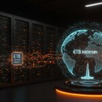 Centro de datos futurista en Múnich con iluminación naranja y negra que representa la alianza estratégica de Nvidia y Deutsche Telekom en inteligencia artificial.