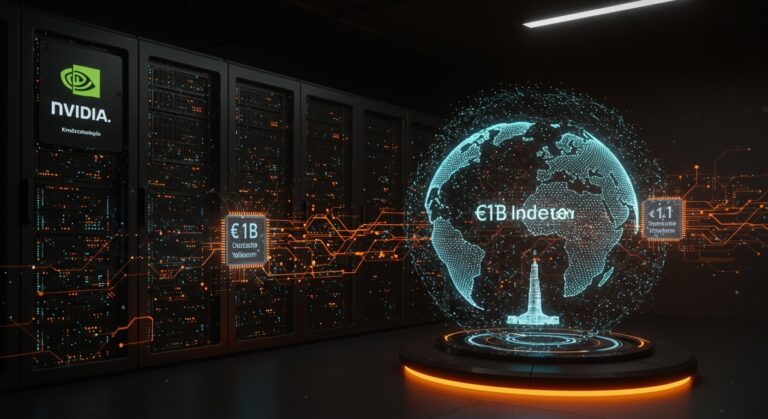 Centro de datos futurista en Múnich con iluminación naranja y negra que representa la alianza estratégica de Nvidia y Deutsche Telekom en inteligencia artificial.