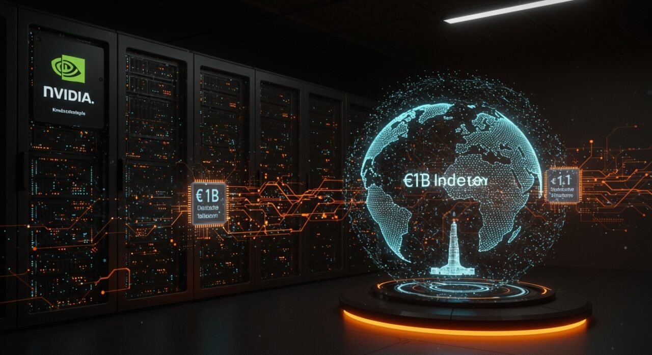 Centro de datos futurista en Múnich con iluminación naranja y negra que representa la alianza estratégica de Nvidia y Deutsche Telekom en inteligencia artificial.