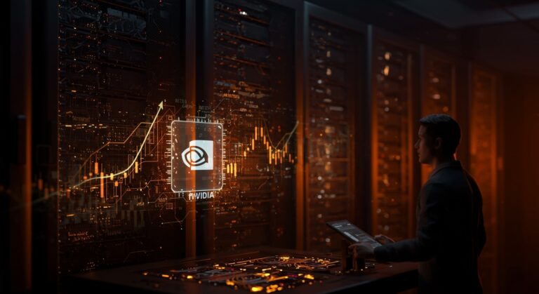 Centro de datos futurista con símbolo Nvidia y redes neuronales que representan crecimiento en IA y mercado tecnológico.