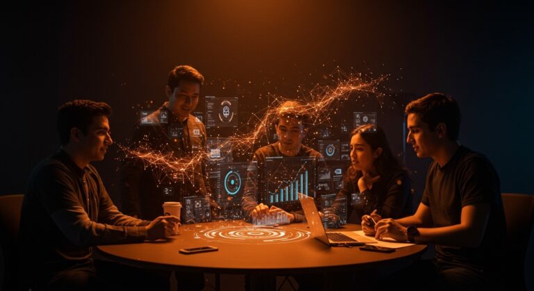 Fundadores de startups mexicanas colaborando en un entorno tecnológico futurista con representaciones visuales de inteligencia artificial y ecosistema Nvidia Inception.