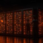 Servidor de IA de Nvidia iluminado en naranja y negro, representando integración vertical y tendencias en hardware e infraestructura para startups y empresas tecnológicas.