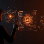 Founder interactuando con un modelo de lenguaje abierto de IA personalizada y transparente, destacado en tonos naranja y negro para startups tech.