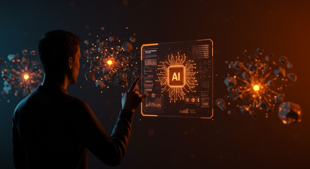 Founder interactuando con un modelo de lenguaje abierto de IA personalizada y transparente, destacado en tonos naranja y negro para startups tech.