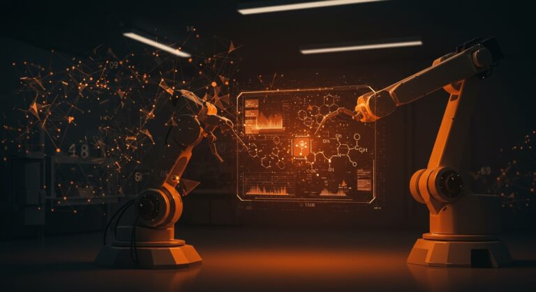 Laboratorio futurista con IA y automatización revolucionando la creación de fármacos tras financiación de startup biotech.
