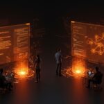 Contraste visual entre programación orientada a objetos y funcional en un equipo startup, mostrando impacto en desarrollo y escalabilidad de software.