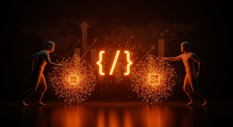 Competencia global en IA entre Estados Unidos y China impulsada por open source, ilustrando innovación tecnológica para startups.