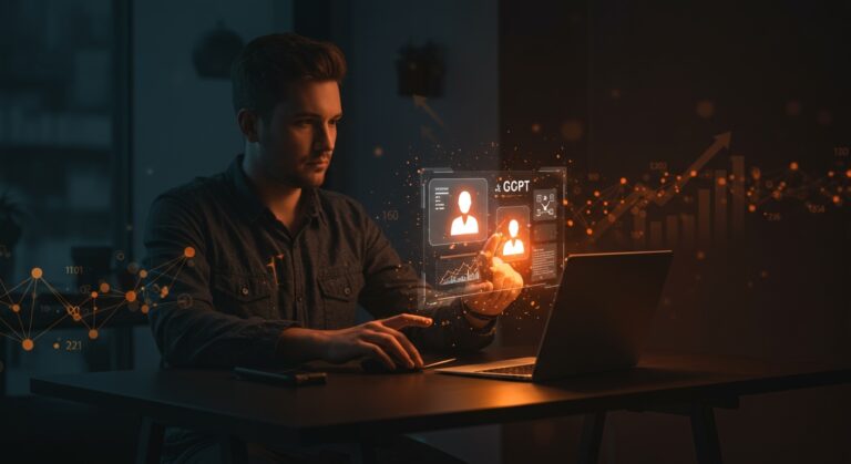 Interacción de un emprendedor con anuncios integrados en ChatGPT, representando el impacto y oportunidades de monetización en inteligencia artificial.