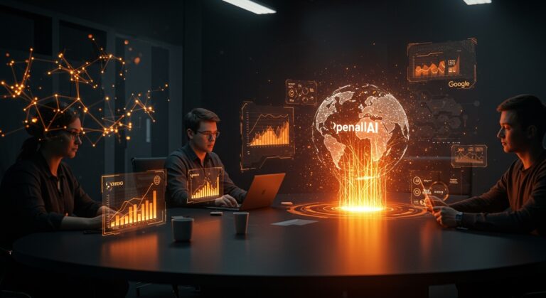 Startup founders e inversionistas analizando estrategias de mercado impulsadas por IA de OpenAI y Google en un ambiente futurista.