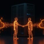 Acuerdo estratégico entre OpenAI y Microsoft representado con datos digitales y centros de datos naranja y negro, enfatizando costos e infraestructura de IA.