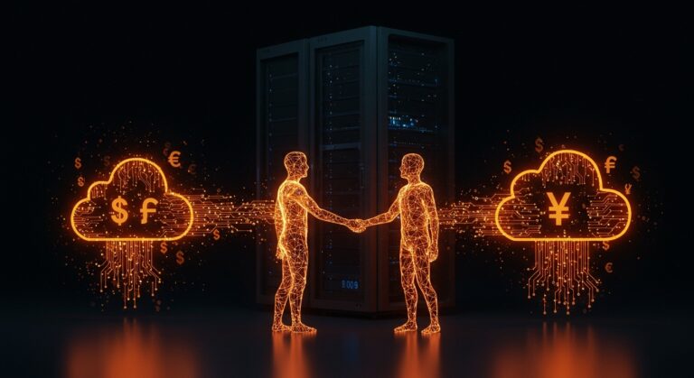 Acuerdo estratégico entre OpenAI y Microsoft representado con datos digitales y centros de datos naranja y negro, enfatizando costos e infraestructura de IA.