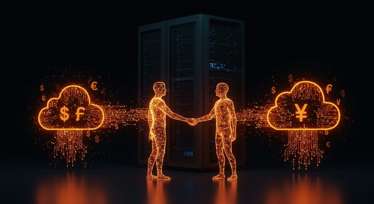 Acuerdo estratégico entre OpenAI y Microsoft representado con datos digitales y centros de datos naranja y negro, enfatizando costos e infraestructura de IA.