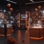 Asistentes de compra IA en un entorno retail futurista innovador, destacando la personalización y tecnología de startups retailtech.