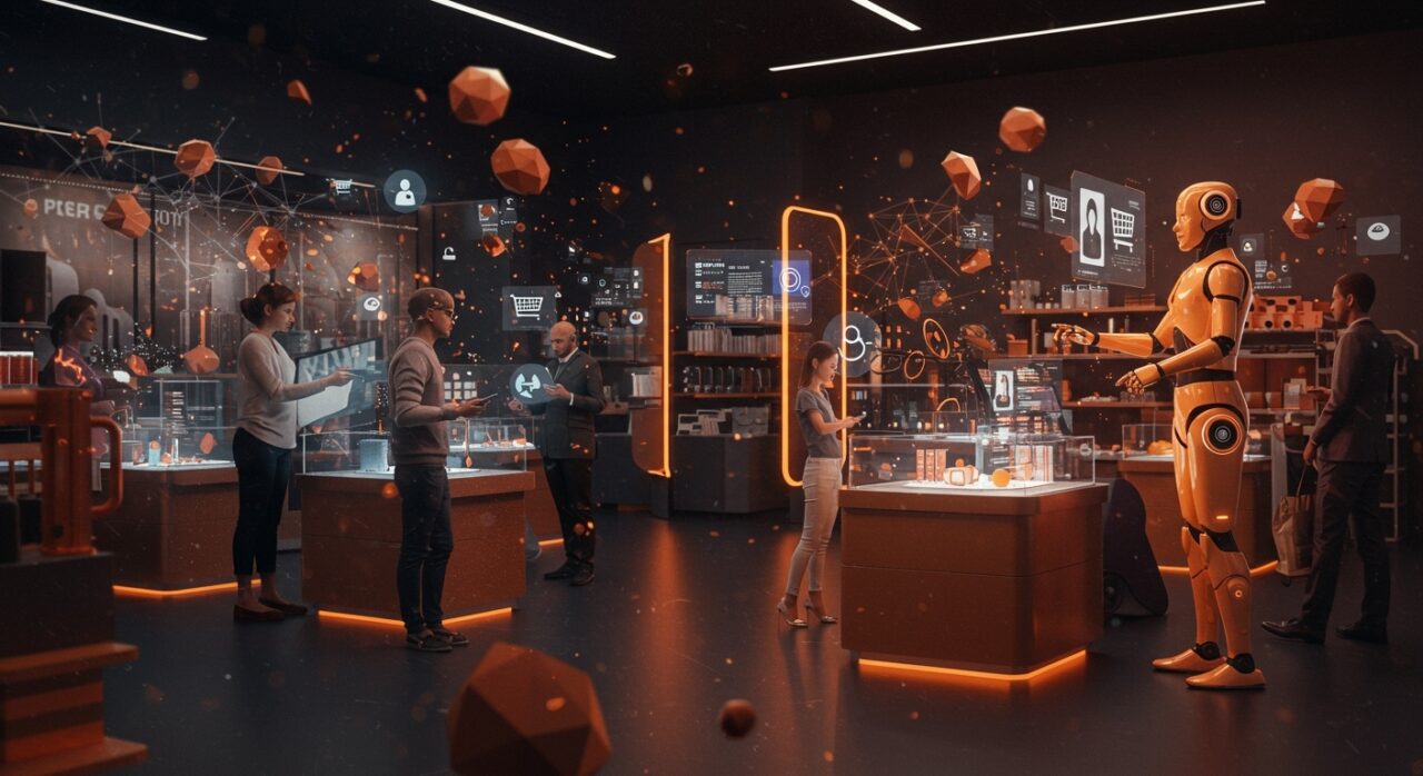 Asistentes de compra IA en un entorno retail futurista innovador, destacando la personalización y tecnología de startups retailtech.