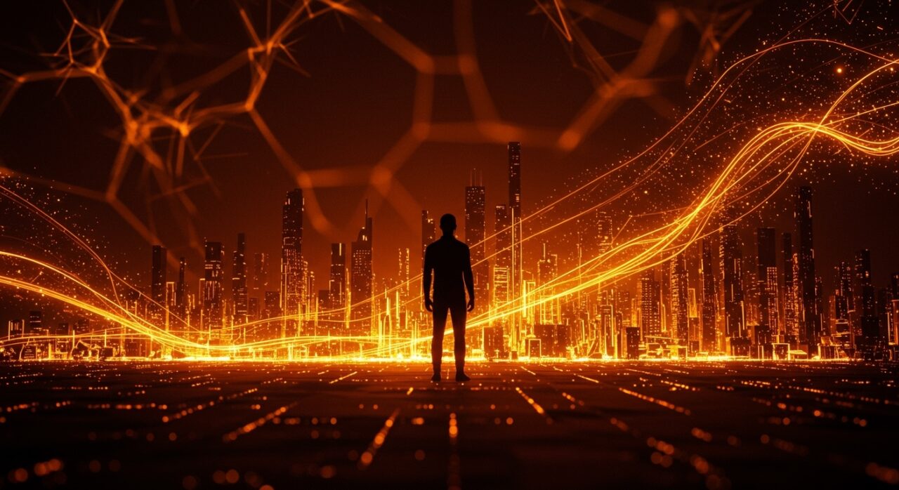 Líder de OpenAI frente a un paisaje digital futurista que simboliza la financiación y el impacto de la inteligencia artificial en startups tecnológicas.