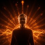 Persona optimista simbolizando longevidad excepcional y bienestar psicológico en contexto de estudio longitudinal, con paleta ecosistema startup naranja y negro.