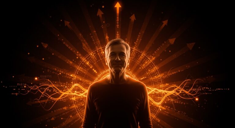 Persona optimista simbolizando longevidad excepcional y bienestar psicológico en contexto de estudio longitudinal, con paleta ecosistema startup naranja y negro.