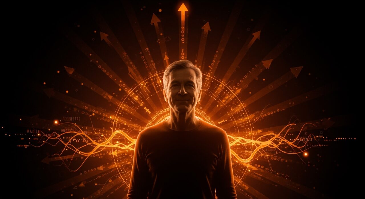 Persona optimista simbolizando longevidad excepcional y bienestar psicológico en contexto de estudio longitudinal, con paleta ecosistema startup naranja y negro.