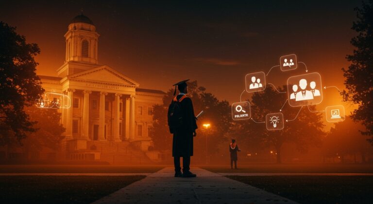 Joven graduado frente a un cruce entre universidad tradicional y programa innovador de Palantir, simbolizando la disrupción en la educación superior y tendencias en reclutamiento tech.