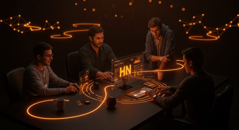 Fundadores latinos colaborando en comunidad HN activa para impulsar startups con moderación eficaz.