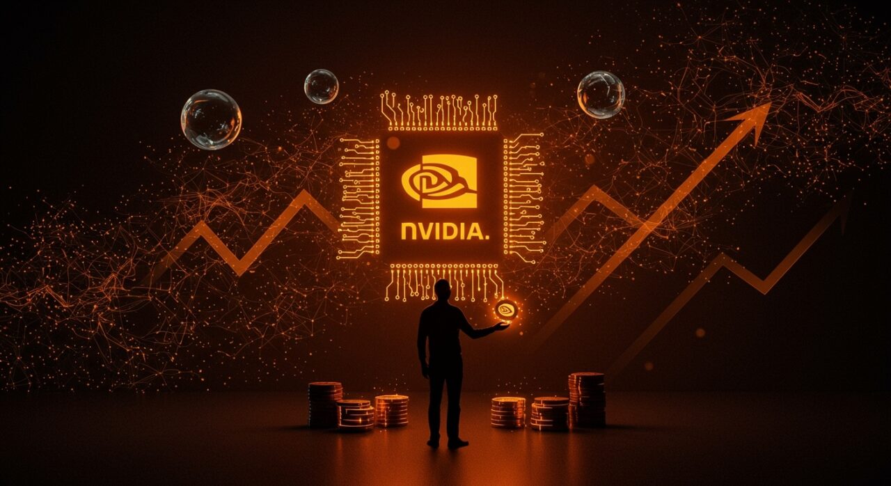 Peter Thiel vendiendo acciones de Nvidia simbolizando temores a burbuja en inteligencia artificial y tendencias del mercado startup.