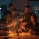 Fundadores e inversionistas de startups IA colaborando con datos y métricas para alcanzar product-market fit en el ecosistema tecnológico.