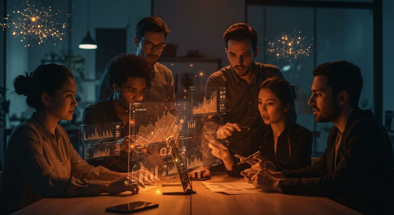 Fundadores e inversionistas de startups IA colaborando con datos y métricas para alcanzar product-market fit en el ecosistema tecnológico.