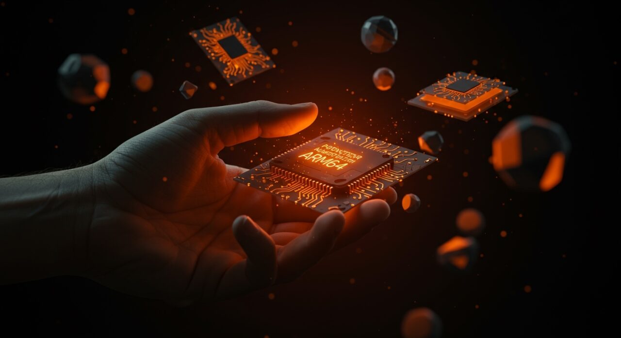 Tecnología Pointer Authentication en Windows ARM64 representada con microchip futurista y visualización abstracta de seguridad avanzada en ARM64.