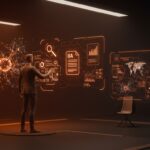 Interfaz futurista de gestión de archivos con IA aplicada para startups tech, destacando automatización y búsqueda inteligente.