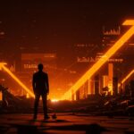 Imagen editorial de emprendedor en serie frente a un paisaje digital que simboliza el fracaso y éxito de startups con elementos visuales de escalabilidad y ventaja competitiva.