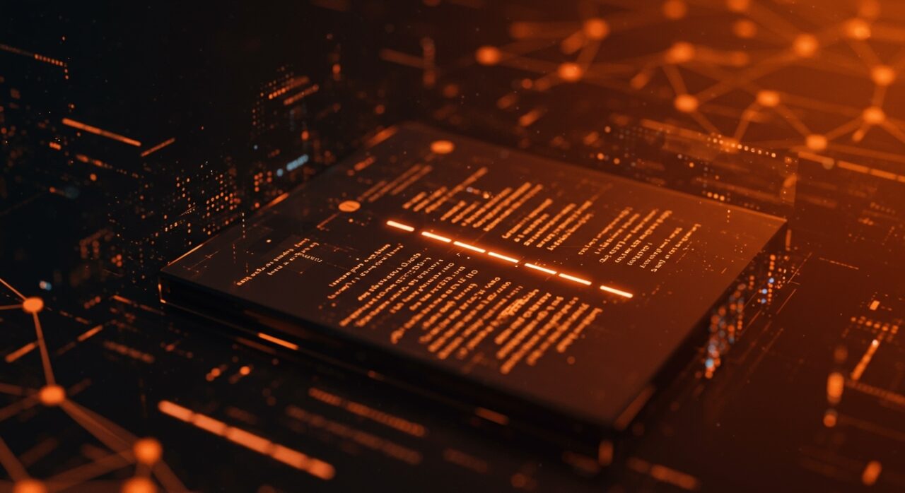 Imagen estilizada de modelos de IA usando em-dashes largos en un entorno digital abstracto con redes neuronales y datos de entrenamiento.