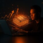 Founder analizando chip DRAM con flechas ascendentes que representan la subida de precios en el mercado tecnológico.