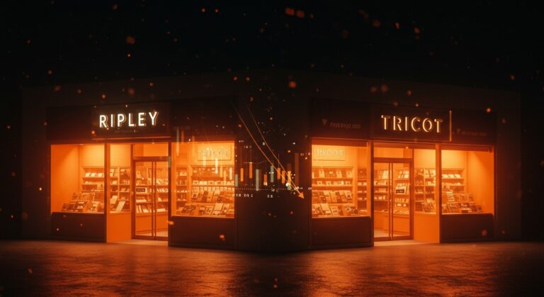 Impacto del prefijo 600 en el negocio financiero de Ripley y Tricot reflejado en gráficos descendentes y visuales de mercado retail.