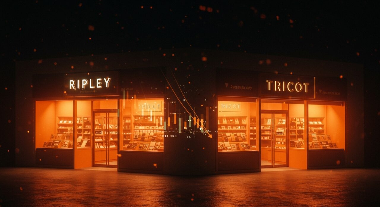 Impacto del prefijo 600 en el negocio financiero de Ripley y Tricot reflejado en gráficos descendentes y visuales de mercado retail.