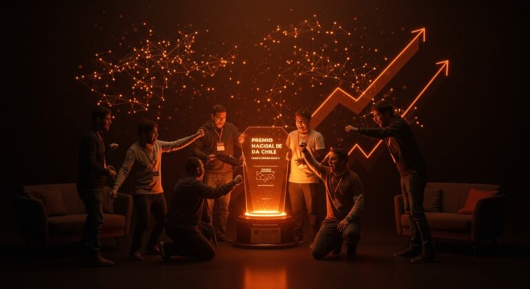 Innovadores de startups chilenas celebrando el Premio Nacional de IA con metáforas visuales de inteligencia artificial y crecimiento tecnológico en el ecosistema tech de Chile.